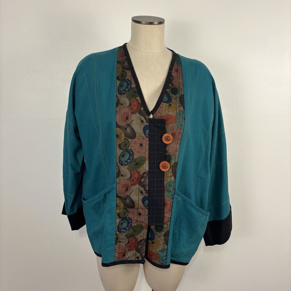 Lorraine Art To Wear Jacket Womens Medium Teal Kimono Style Parasol Sun Umbrella